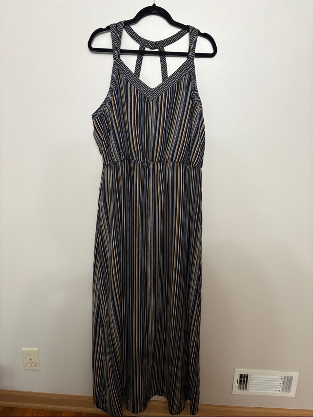 Xhilaration Black, White & Tan Striped Maxi Dress with Braided Back